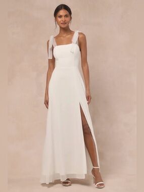 NWT Lulus White Tie-Shoulder Square-Neck Maxi Wedding Bridal Dress with Slit